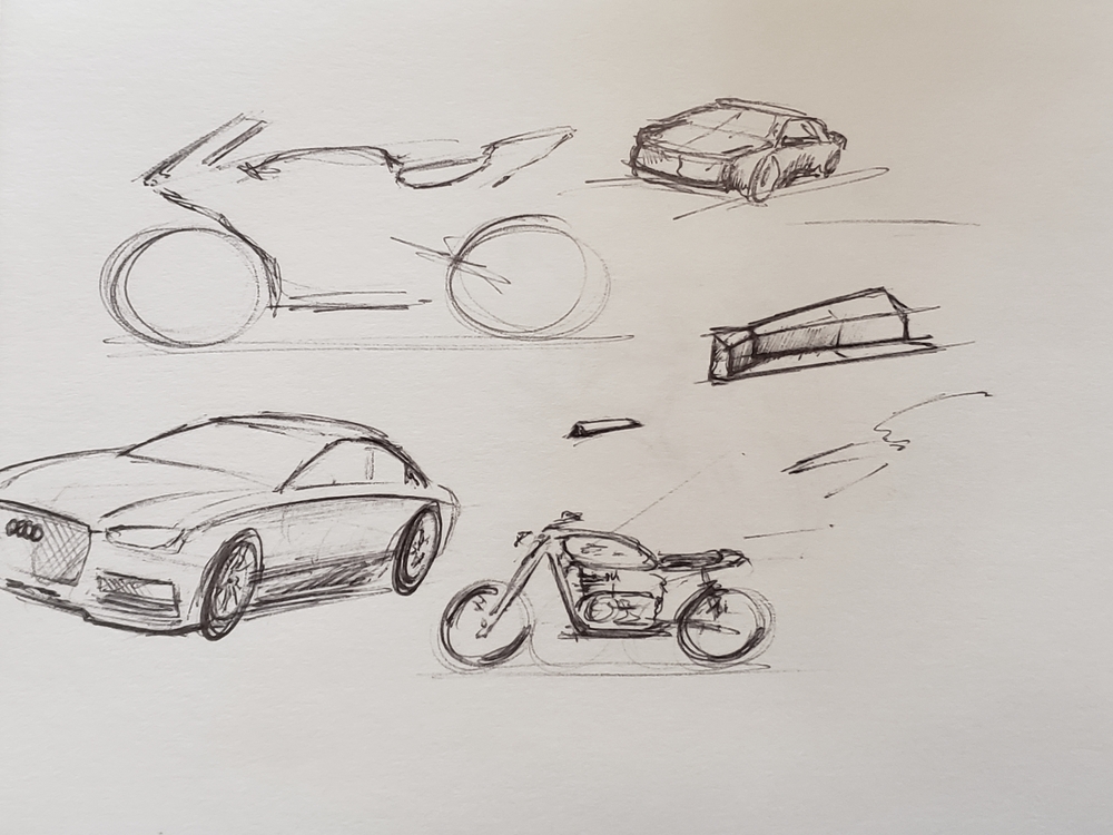 Doodle pen sketches. Two cars, a motorcycle, and some random shapes.